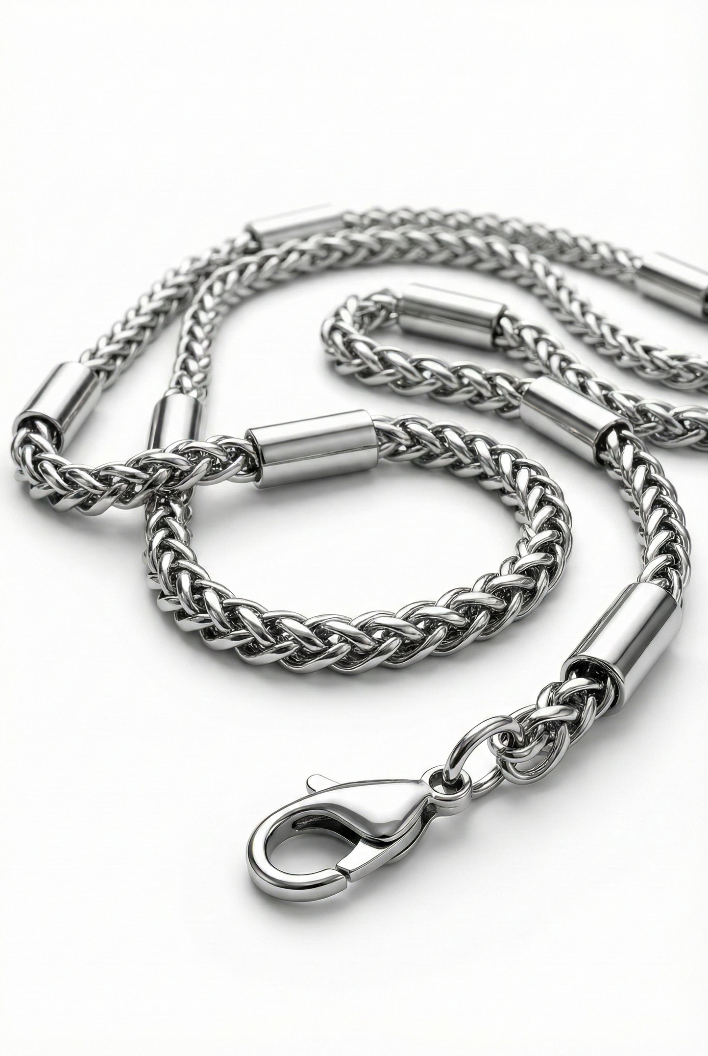 Collier chaîne homme Byzantine argenté avec détails tubes cylindriq en acier inoxydable 60cm