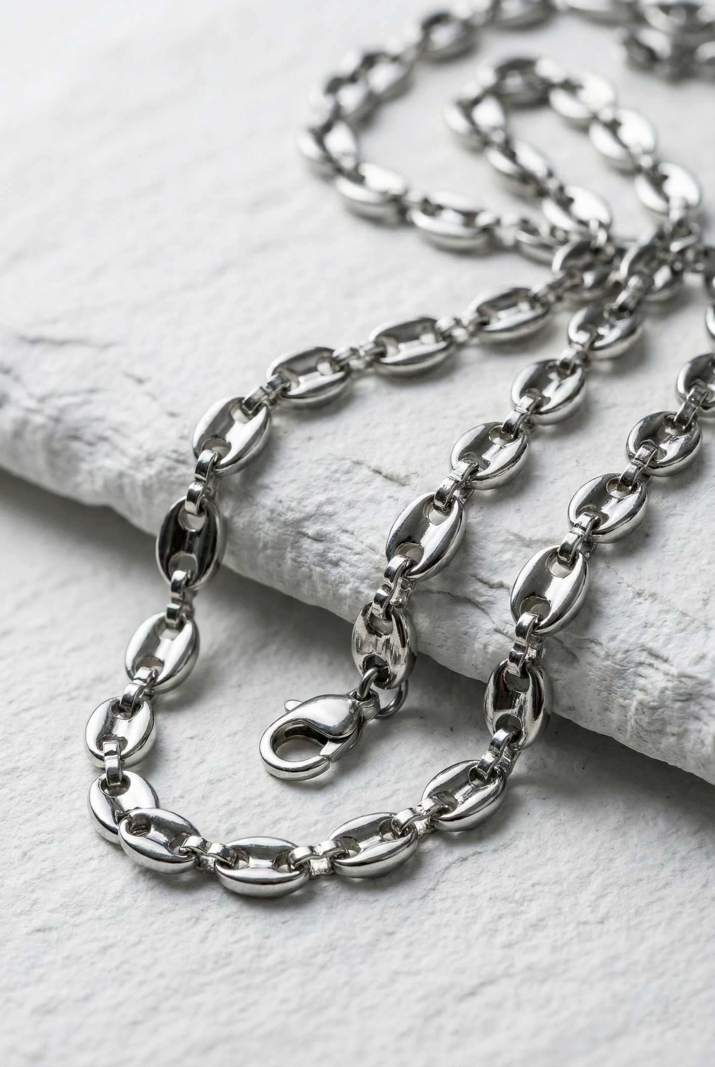 Collier Homme Chaîne maille grain de café en acier inoxydable argenté, cadeau pour homme