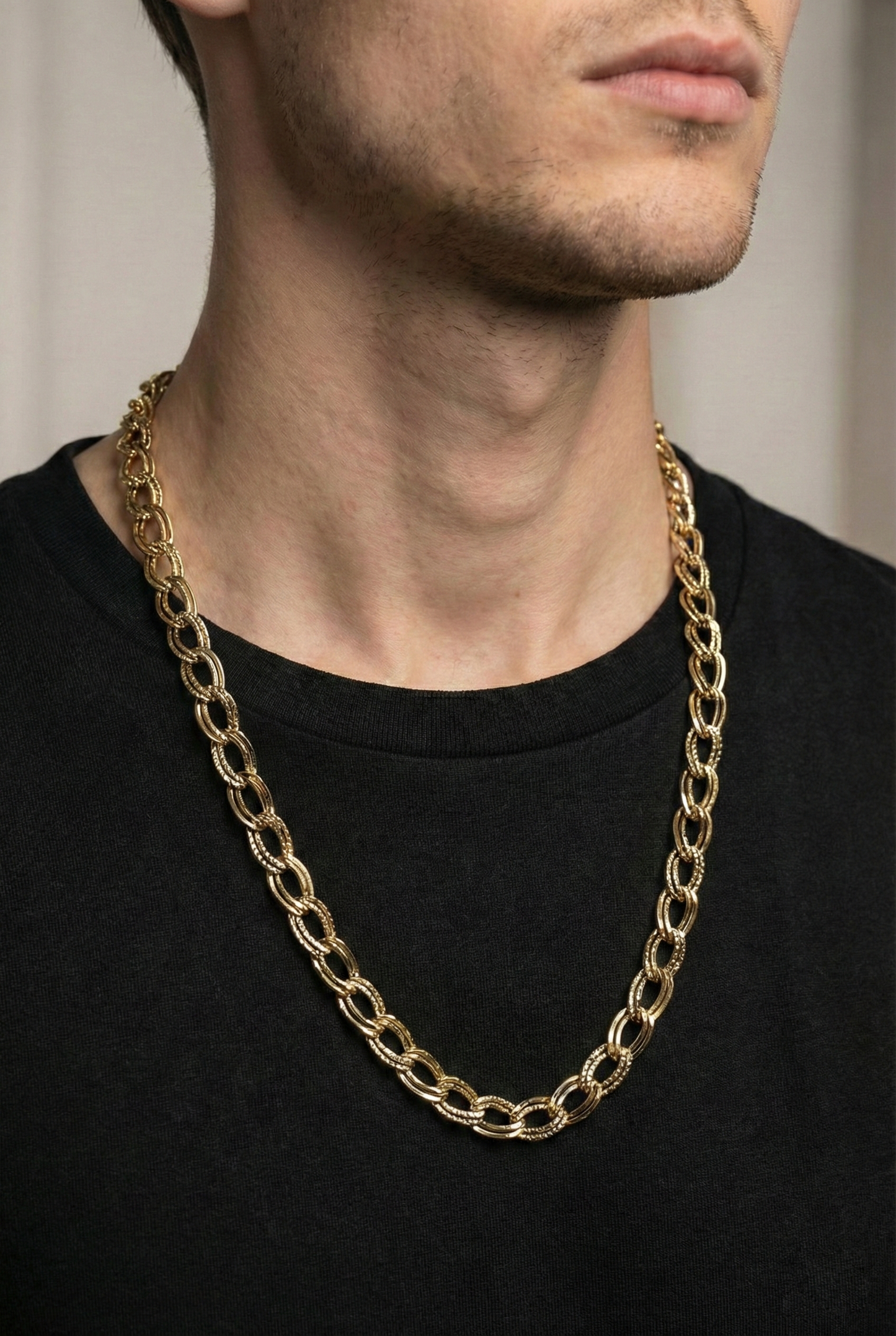 Collier chaîne dorée double maille ovale travaillée, cadeau pour homme
