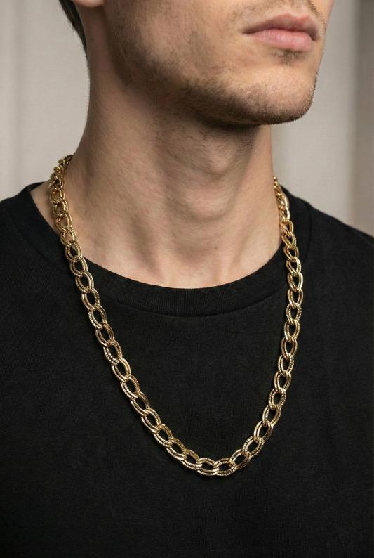 Collier chaîne dorée double maille ovale travaillée, cadeau pour homme