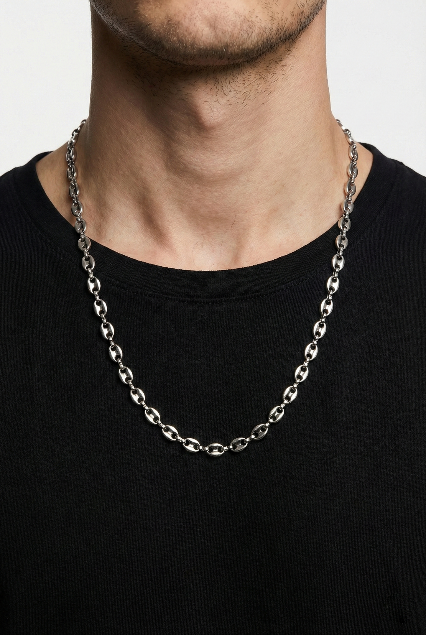 Collier Homme Chaîne maille grain de café en acier inoxydable argenté, cadeau pour homme