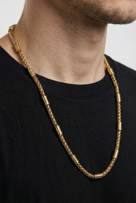 Collier chaîne homme Byzantine doré avec détails tubes cylindriq en acier inoxydable 60cm